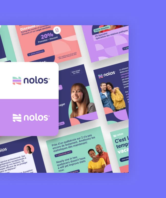 Projet Nolos - Montage du logo de Nolos sur différents fonds de couleur, avec un fond composé de captures d'écran du site web et de visuels conçus pour les réseaux sociaux.