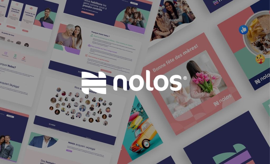 Projet Nolos - Logo de Nolos en premier plan, avec un fond composé de captures d'écran du site web et de visuels conçus pour les réseaux sociaux.