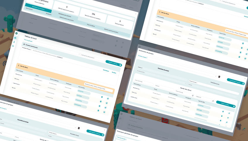 Projet Math en Jeu - Interface de la partie enseignante comprenant la gestion des groupes, des élèves et des exercices.