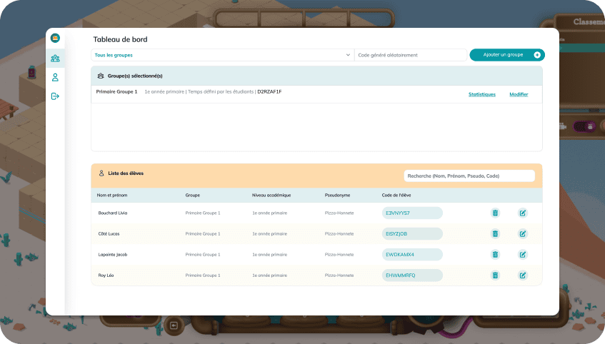 Projet Math en Jeu - Interface de gestion des élèves.