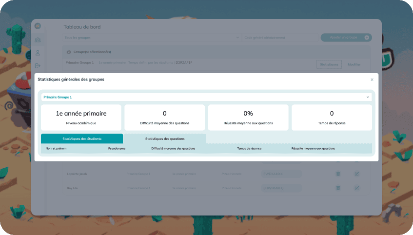 Projet Math en Jeu - Interface de suivi de la progression des élèves.