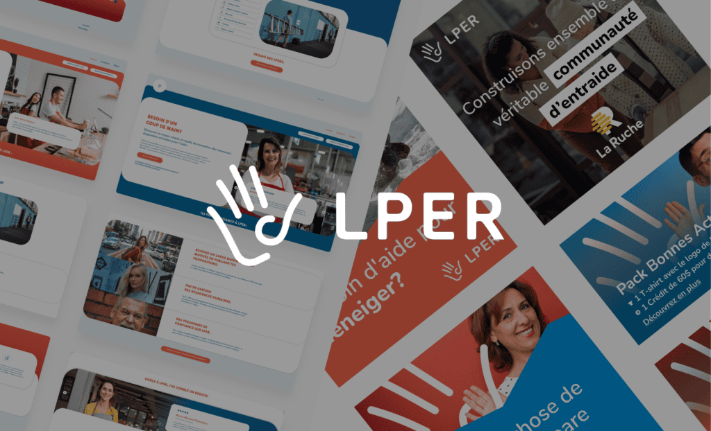 Projet Lper - Logo de LPER en premier plan, avec un fond composé de captures d'écran du site web et de visuels conçus pour les réseaux sociaux.