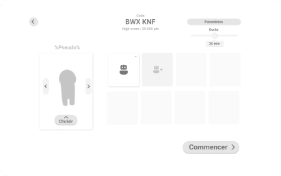 Projet Math en Jeu - Wireframe de l'interface de choix de personnage, présentant les options disponibles pour sélectionner ou personnaliser le personnage du joueur.