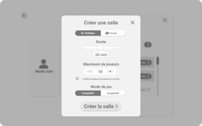 Projet Math en Jeu - Wireframe d'une modale pour la création de salle, pour définir les paramètres de la salle, tels que la durée, le nombre maximum de joueurs.