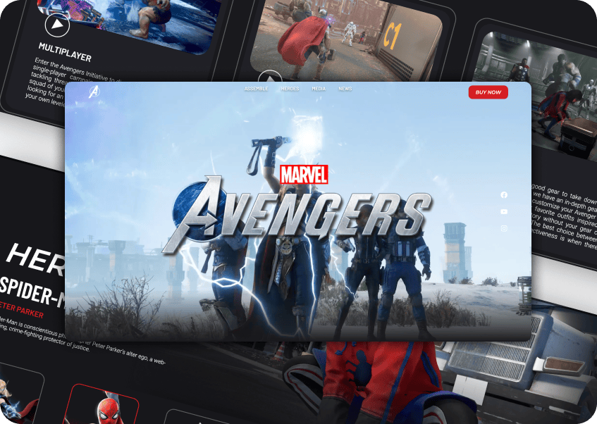 Projet CDEE - Capture d'écran de la page d'accueil du site web Avengers avec un fond composé de captures d'écran du sites web