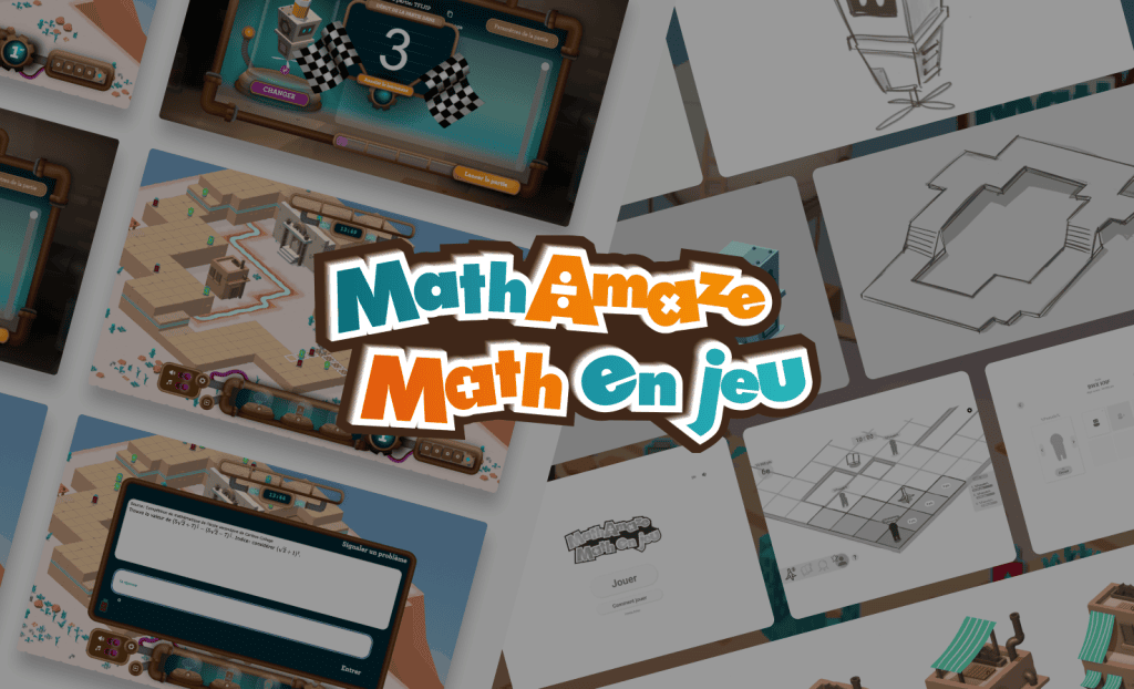 Projet Math en Jeu - Logo de Math en Jeux en premier plan, sur un fond illustré des croquis et du résultat final du jeux vidéo de mathématiques.