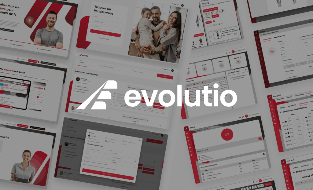 Projet Evolutio - Logo de Evolutio en premier plan, avec un fond composé de captures d'écran du site web et de l’application.