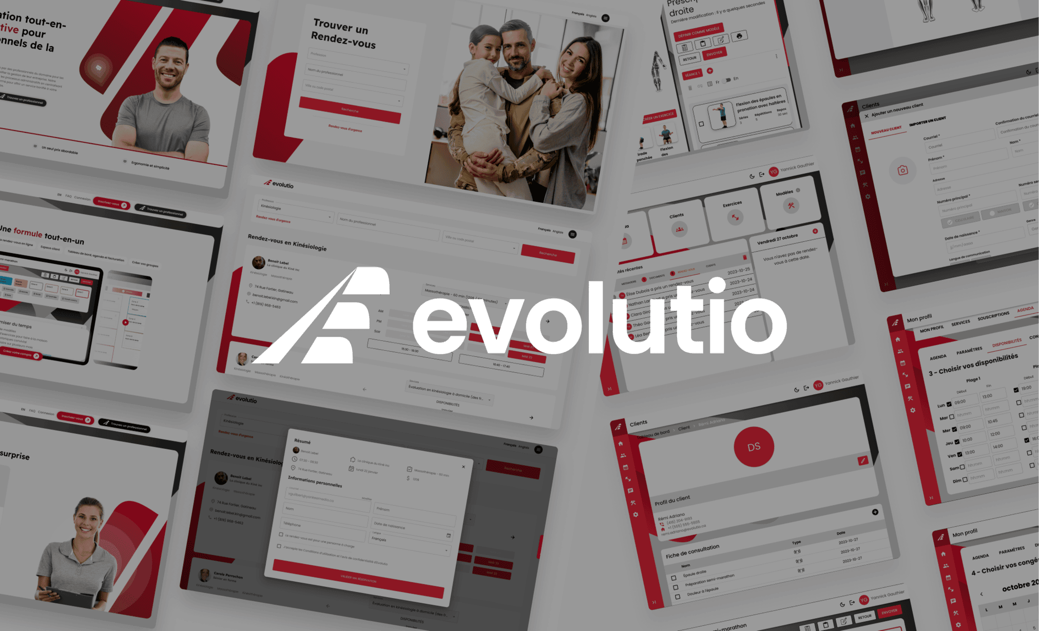 Projet Evolutio - Logo de Evolutio en premier plan, avec un fond composé de captures d'écran du site web et de l’application.