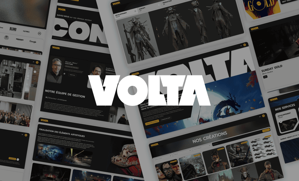 Projet Volta - Logo de Volta en premier plan, sur un fond composé de captures d'écran du site web