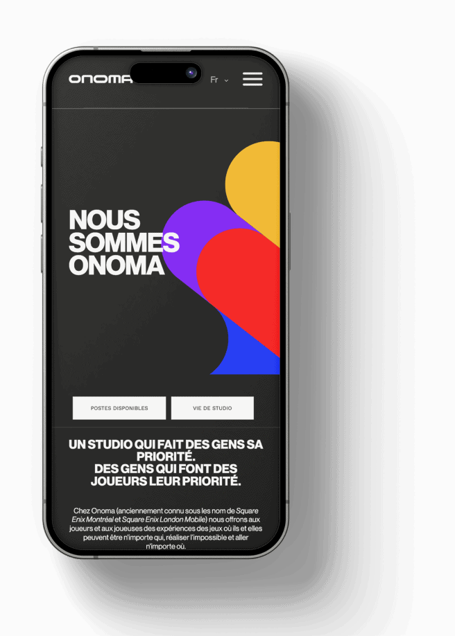 Projet CDEE - Mockup mobile de la page d'accueil du site web Onoma - Square Enix Montréal.