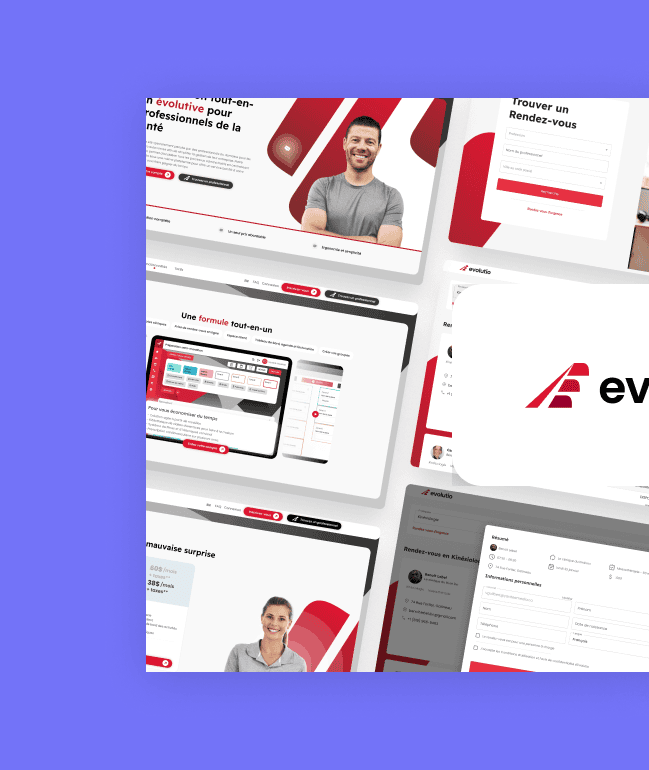 Projet Evolutio - Logo de Evolutio en premier plan, avec un fond composé de captures d'écran du site web et de l’application.