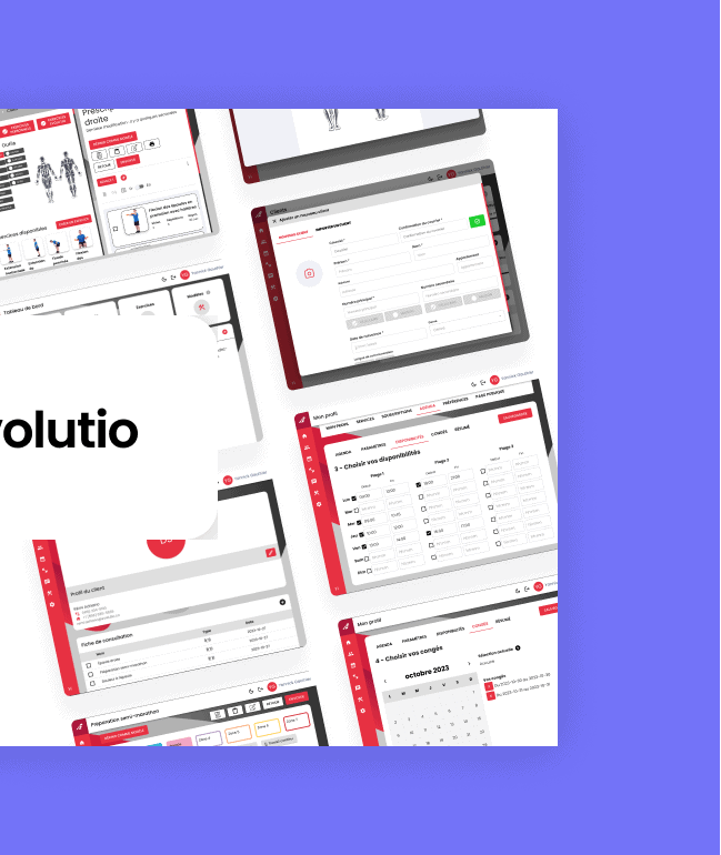 Projet Evolutio - Logo de Evolutio en premier plan, avec un fond composé de captures d'écran du site web et de l’application.